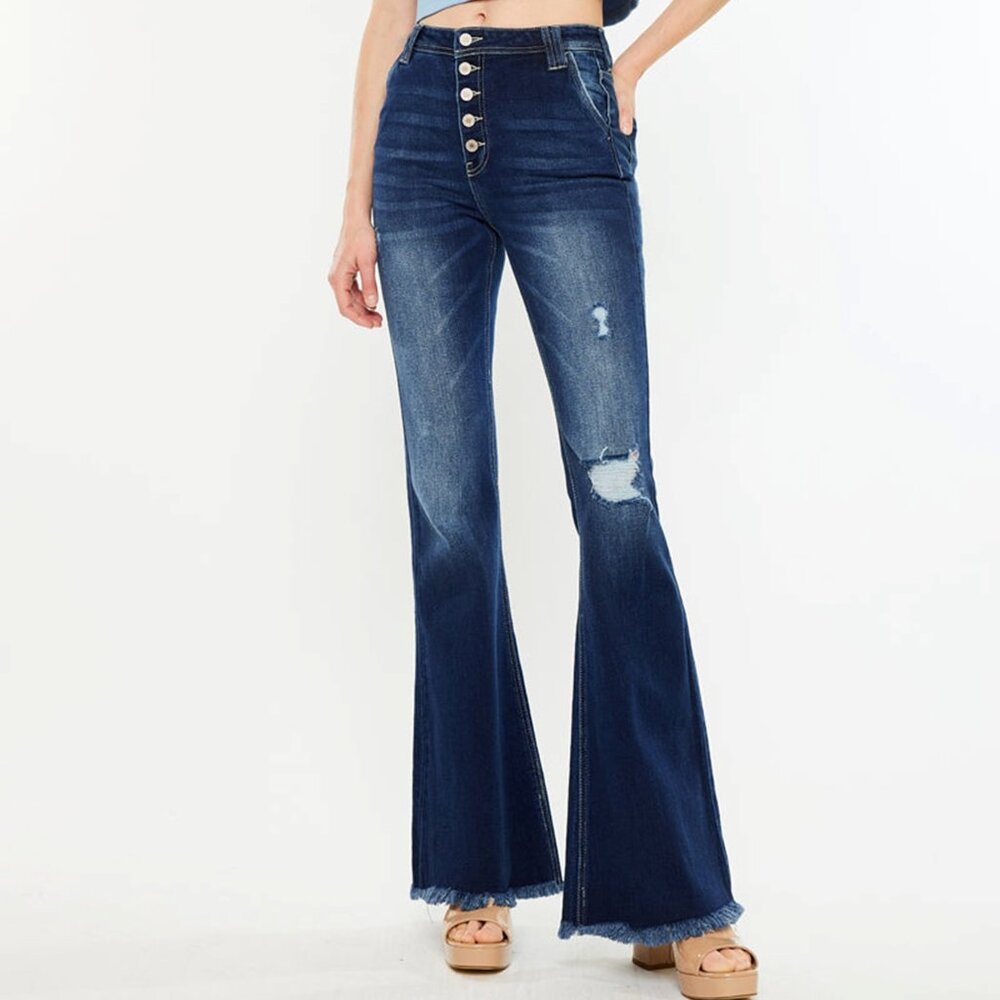 KanCan Sian High Rise Flare Jeans Button Fly‎ Distressed Hippie 70s Size 28